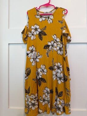 Girls' Mustard Floral Cold-Shoulder A-Line Dress
